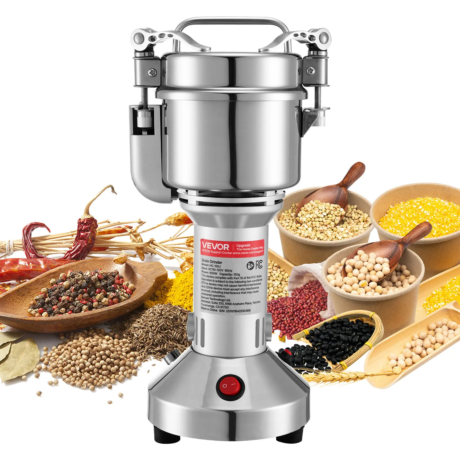 VEVOR High-Speed Stainless Steel Electric Grain Mill Grinder - Commercial Large-Cap 5s Pulverizer Powder Machine for Dry Grains, Spices, Coffee (Labs & Household Kitchen Use)