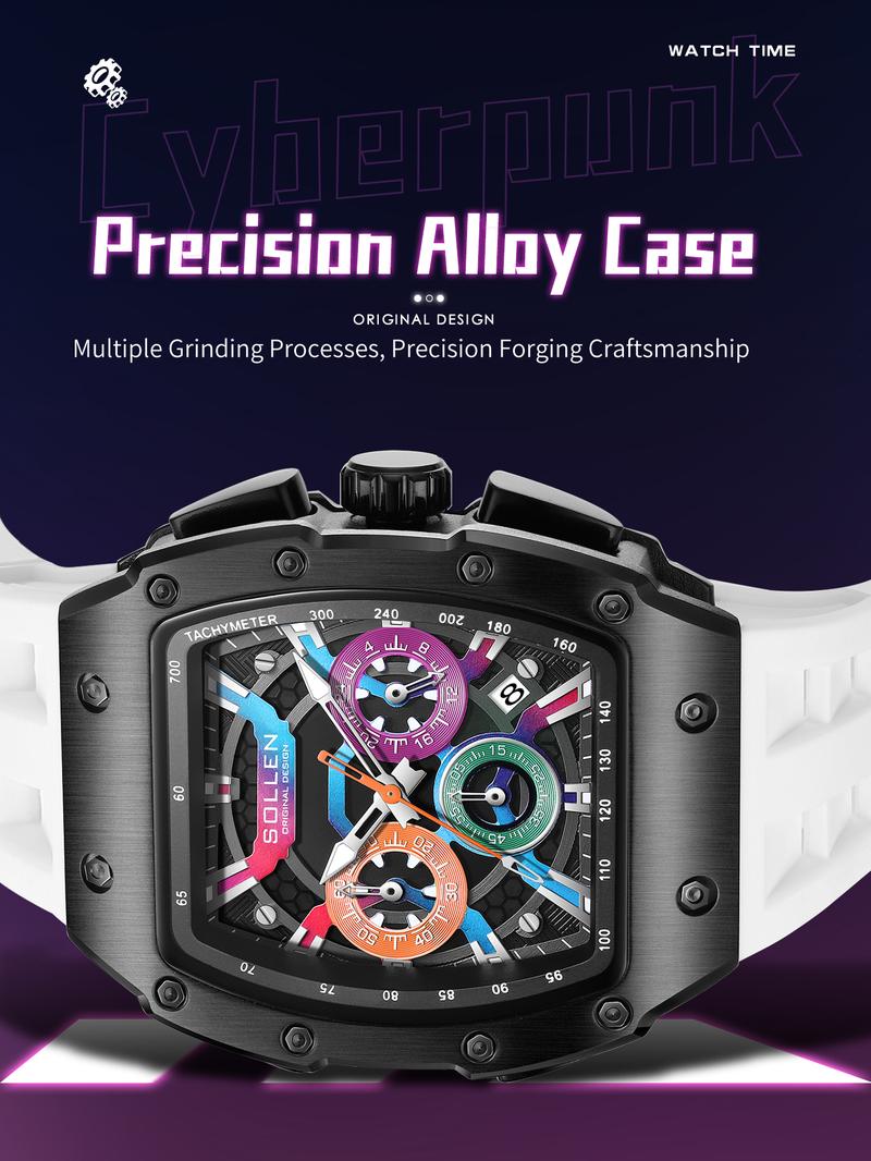 SOLLEN 728 Men's Rainbow Luxury Cool Watch Multi-functional Chronograph Waterproof Night Light Function Valentine's Day Gift