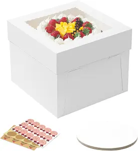 3 Pack Cake Boxes, 10x10x8 Inches Tall Cake Box with Cake Boards, White Bakery Boxes with Window, Disposable Cake Containers with Lids for Cake, Donuts, Pies, Cookies, Wedding, Birthday, Party