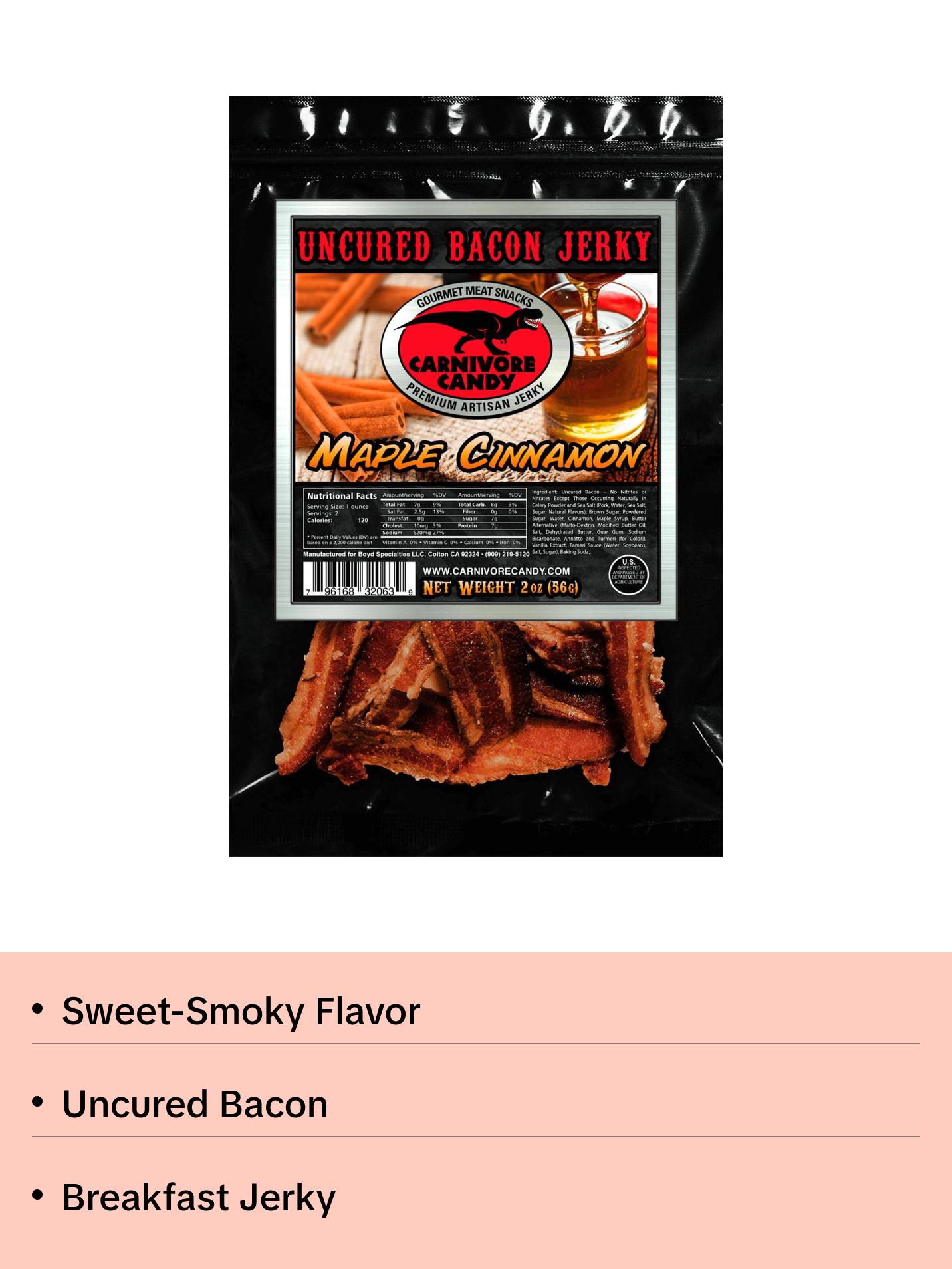 Maple Cinnamon Bacon Jerky - Dried Sugary Snack Sweet Flavor Profile Maple Cinnamon Bacon Jerky - Dried Sugary Snack Sweet Flavor Profile