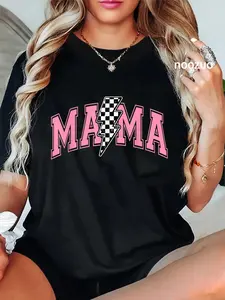 100% Cotton Mama Lightning Bolt Checkered Mom Women Mother's Day T-Shirt