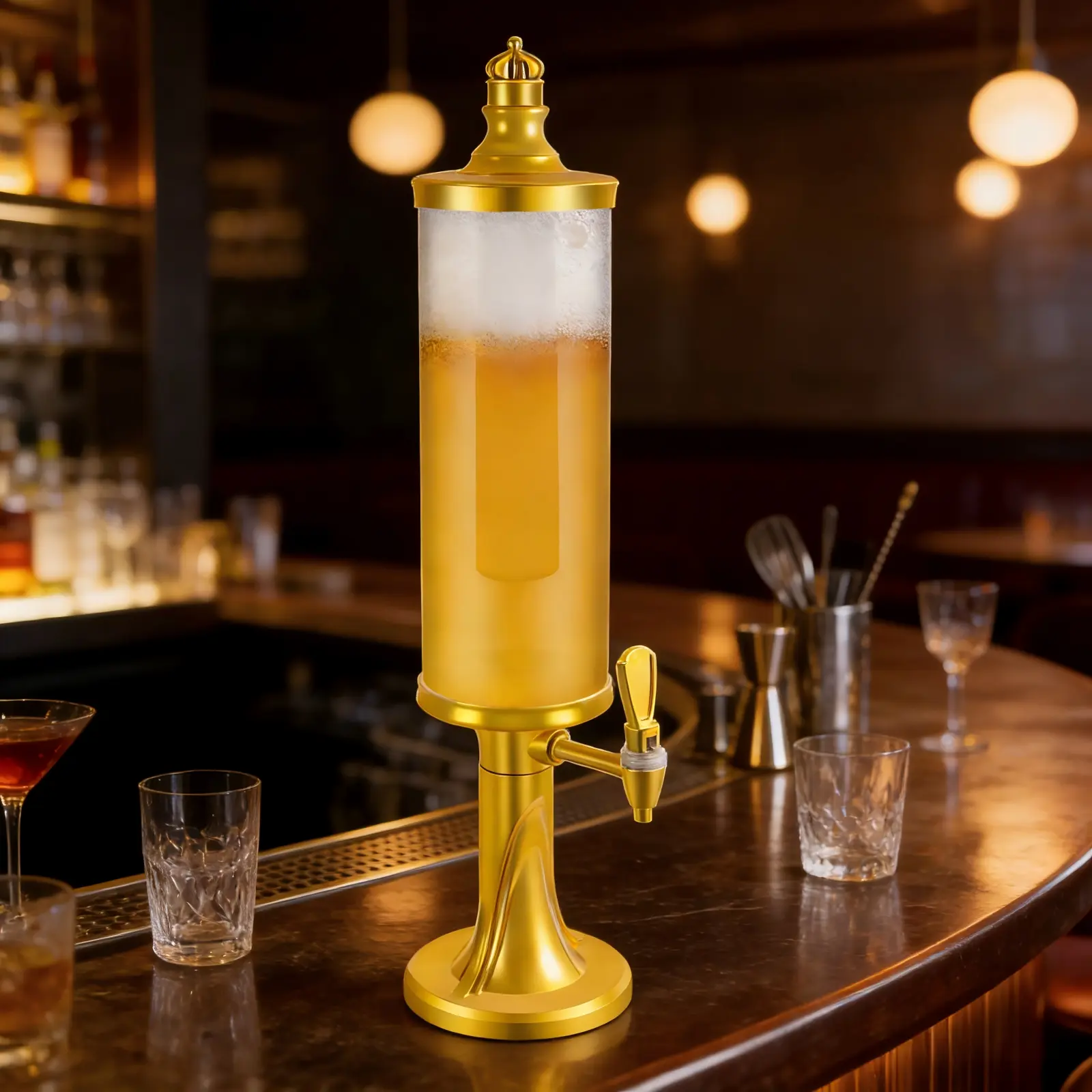 3L Gold Tower-Shape Beer Beverage Dispenser with Tap, LED Lights, Ice Tube, Freeze Tube - Modern Minimalist Home Supply with Less Dilution for Banquets, Father’s Gift