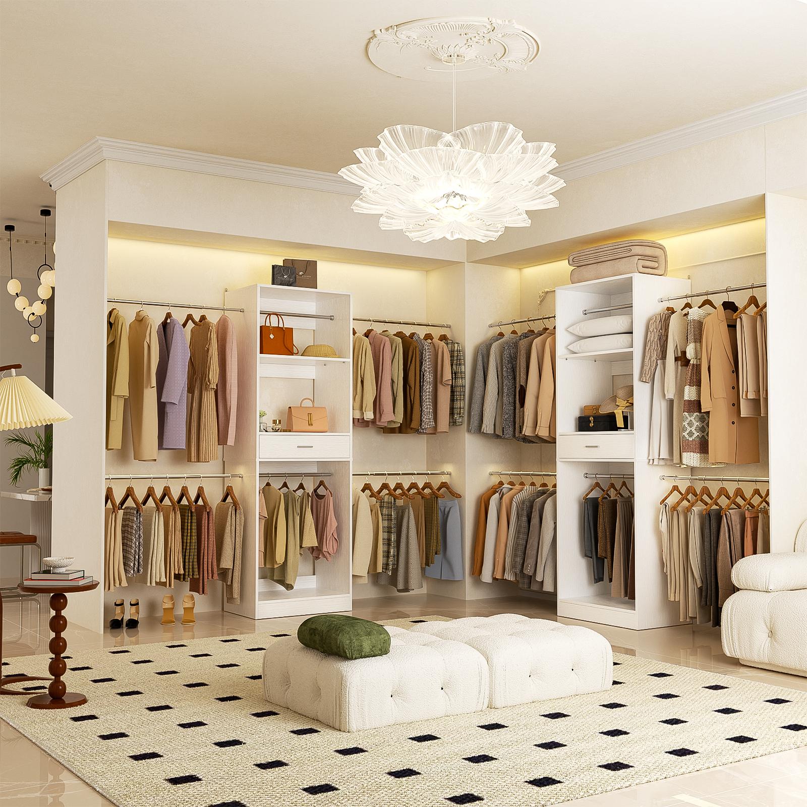 8FT Closet System, 96 Inch Walk-in Closets Organizer Kit with 4 Extendable Hanging Rods and Drawer, Protable Wardrobe Closet Storage Organizer with Adjustable Wood Garment Rack, Sturdy Closet Insert, White