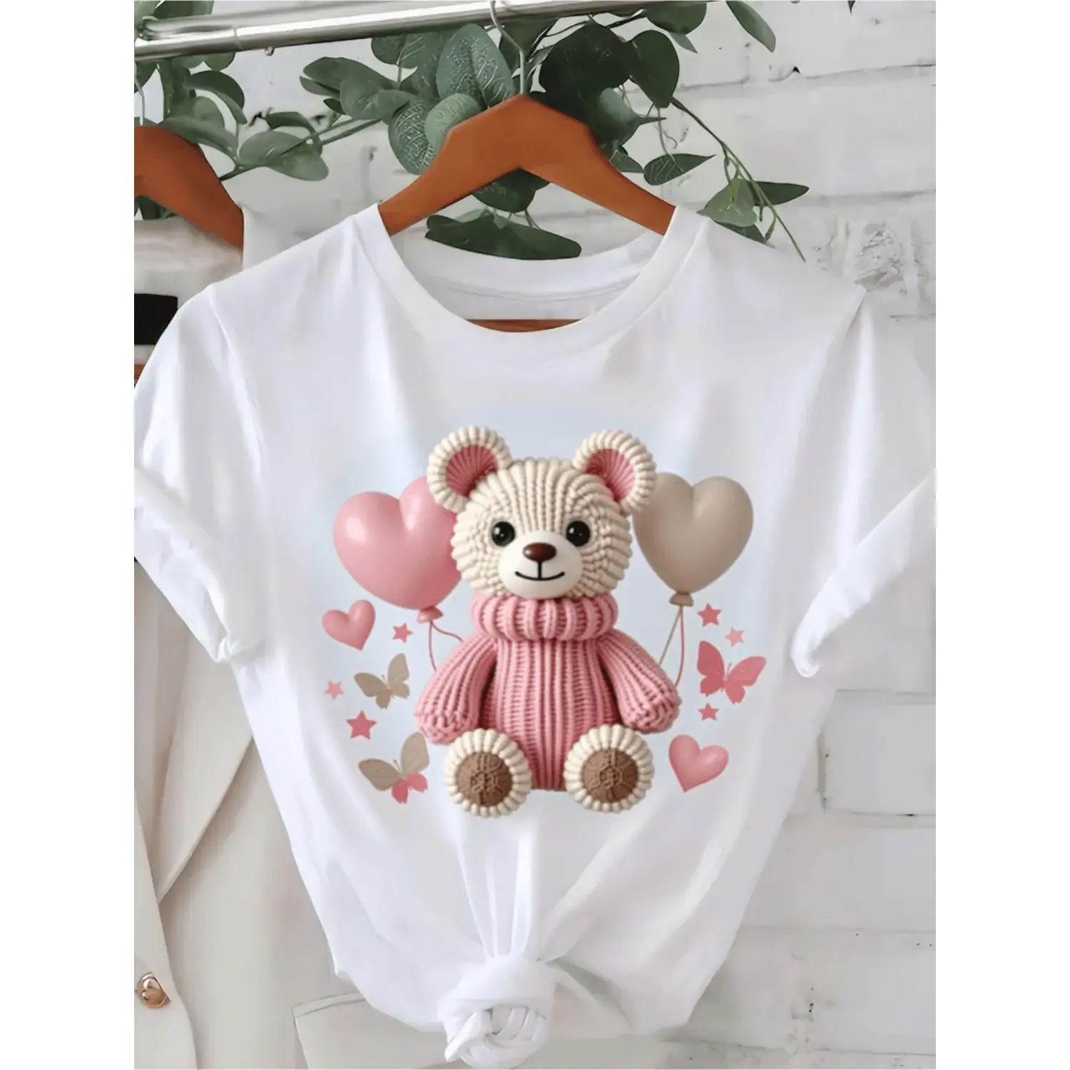 Women's Soft Casual T Shirt Featuring Teddy Bear and Balloon Print Comfortable Fit Short Sleeve Round Neck Lightweight and Stretchy Perfect for Daily Wear and Girly Style