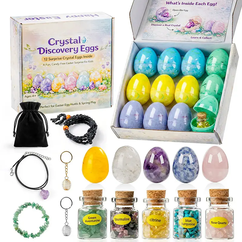 12 Pre-Filled Easter Eggs with Safe Material Gemstone Crystals & Jewelry - Kids' Easter Egg Hunt Surprise, Ideal Basket Stuffers & Holiday Party Favors, Colorful Gradient Dragon Statue Capsule Toy