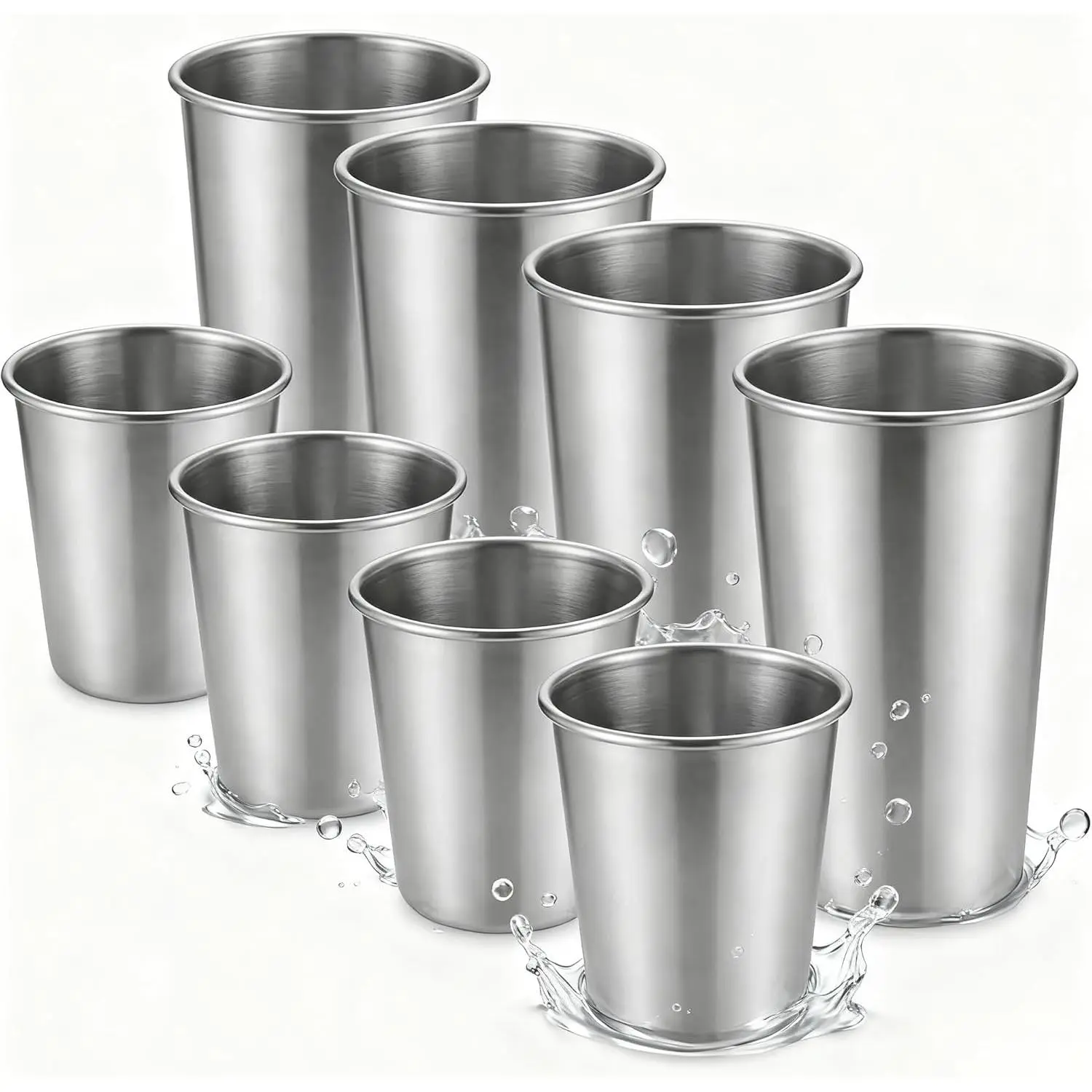 304 Stainless Steel Stackable Drinking Cups & Tumblers Set (8-Piece) - 4x8oz + 4x16oz Rust-Resistant, Family-Safe, Unbreakable Dishware for Kids, Outdoor Use, Poolside Use & School Lunches