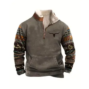 Men's Western Retro Sweatshirt - Unique Print, Zipper Lapel, Stylish for Casual Wear