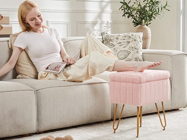 Sweetcrispy Store-Vanity Stool Chair with Storage, Ottoman Faux Fur Soft Padded Makeup Footstools Seat with 4 Metal Legs Anti-Slip Adjustable Feet