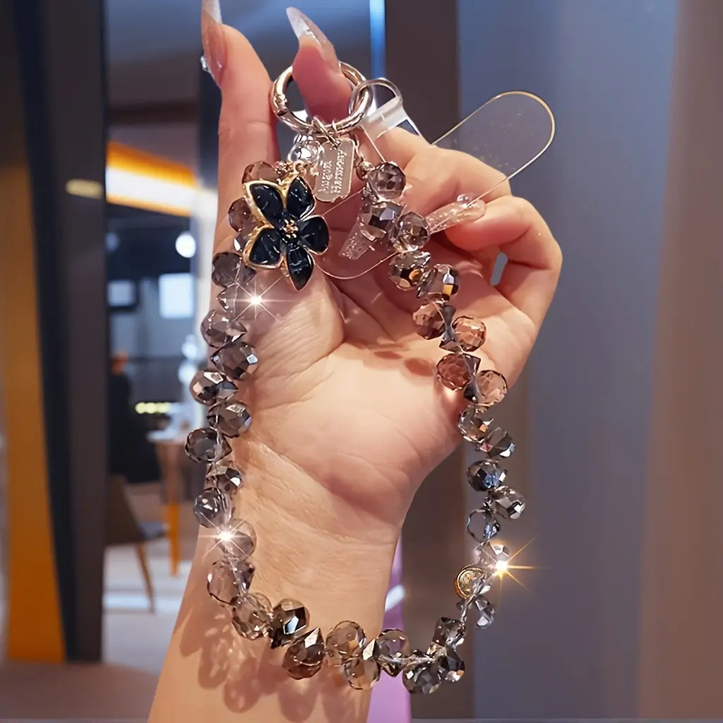 Shiny Acrylic Beaded Cellphone Wristlet - Mobile Lanyard with Droplet Shaped Crystal Beads, Compact Card Accessory, Festive Party Gift for Women, Phone Accessories