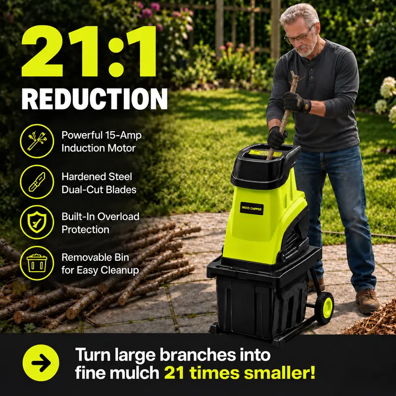 Electric Wood Chipper Shredder for Yard & Garden Waste, 15-Amp Portable Branch Mulcher, 1.77-Inch Branch Cutting Capacity, 10-Gallon Collection Bin for Backyard Cleanup, Leaves & Twigs