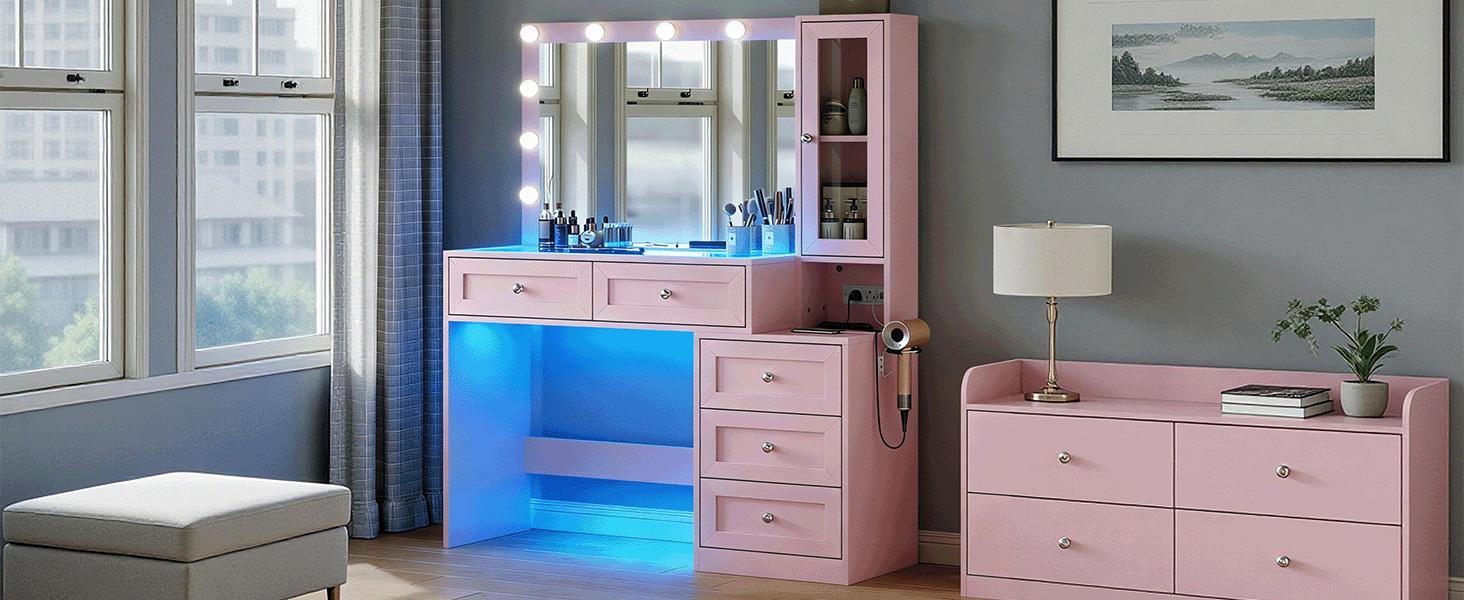HuaYing 43"  Makeup Vanity Desk with RGB LED Mirror & 11 Lights, 5 Drawers, 3 Lighting Modes, Adjustable Brightness, Built-in Charging Station & Power Outlets, Modern Dressing Table for Bedroom