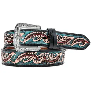 "Sequoia" Black/Turquoise/Red Hand Tooled Leather Belt