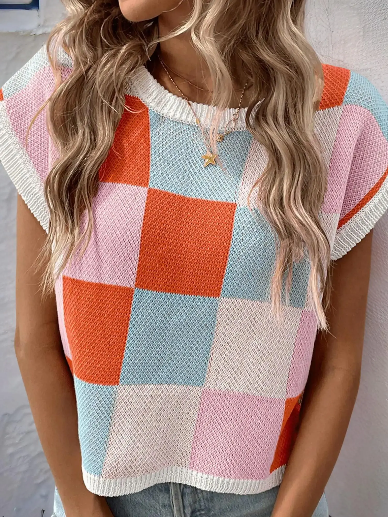 Women's Checkerboard Print Crewneck Cap Sleeve Sweater, Casual Round Neck Jumper for Summer, Sweaters for Women, Knitwear for Daily Wear, Lightweight Knit Sweater, Fashion Knitwear, Casual Soft Pullover, Casual Comfy Top