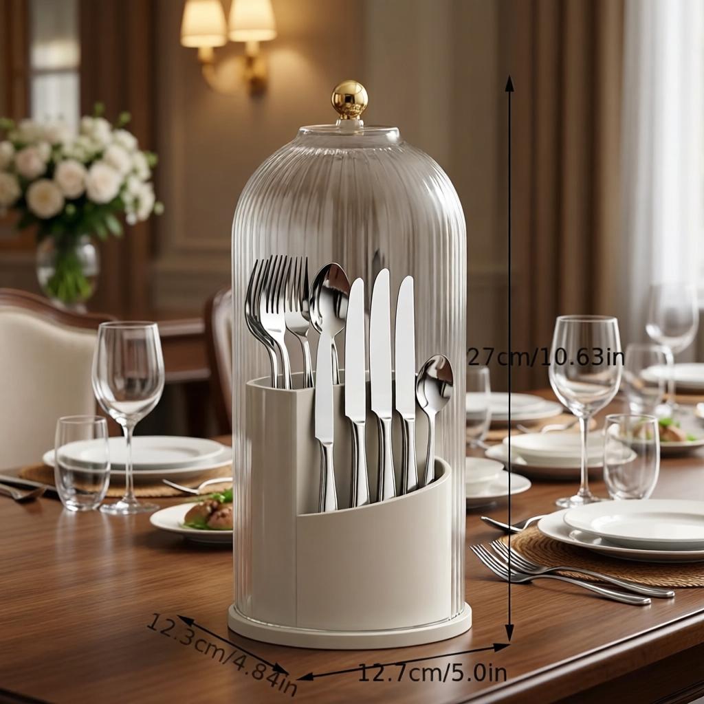 Utensil Holder with Lid 360 Rotating Clear Dustproof Cutlery Organizer for Kitchen Countertop Modern Tableware Storage Elegant Design
