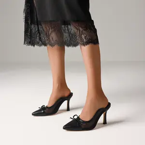EROCALLI Chic Mesh Pointed Toe Heels for Women Elegant Bow Decor Slip-On Mule Pumps for Date Night & Party