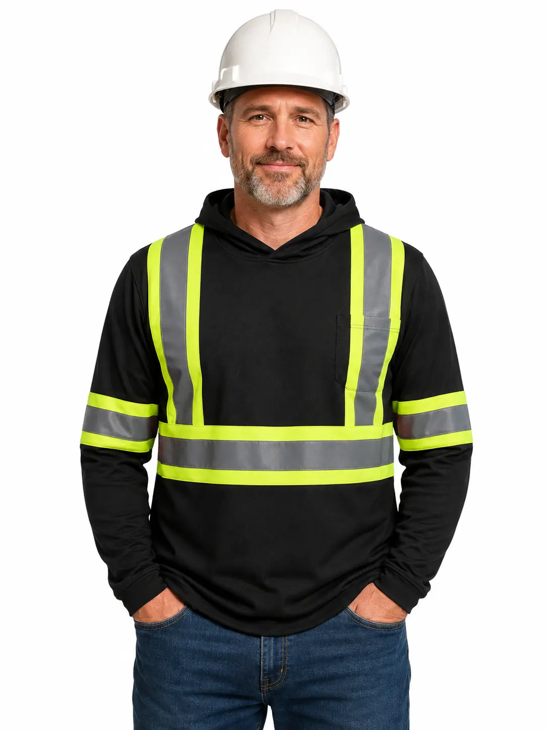 High Visibility Reflective Hooded Safety Shirt, Lightweight Long Sleeve Birdseye Mesh Workwear for Construction, Roadwork and Outdoor Jobs