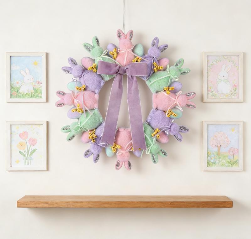 Easter Decorations Easter Flocked Bunny Wreath with Colorful Easter Eggs & Bows Rustic Spring Hanger Wall Wreath Decor for Front Doors Home Farmhouse Porch Wall Indoor Outdoor Window Bunny Decorations Party Backdrop Door Wreath