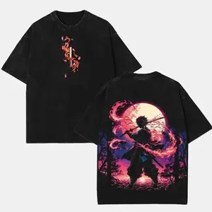 Tanjiro Kamado Fire Sun Water Breathing v6 Demon Slayer Kimetsu No Yaiba anime manga Washed t-shirt 2 sided printing Menswear graphic tee
