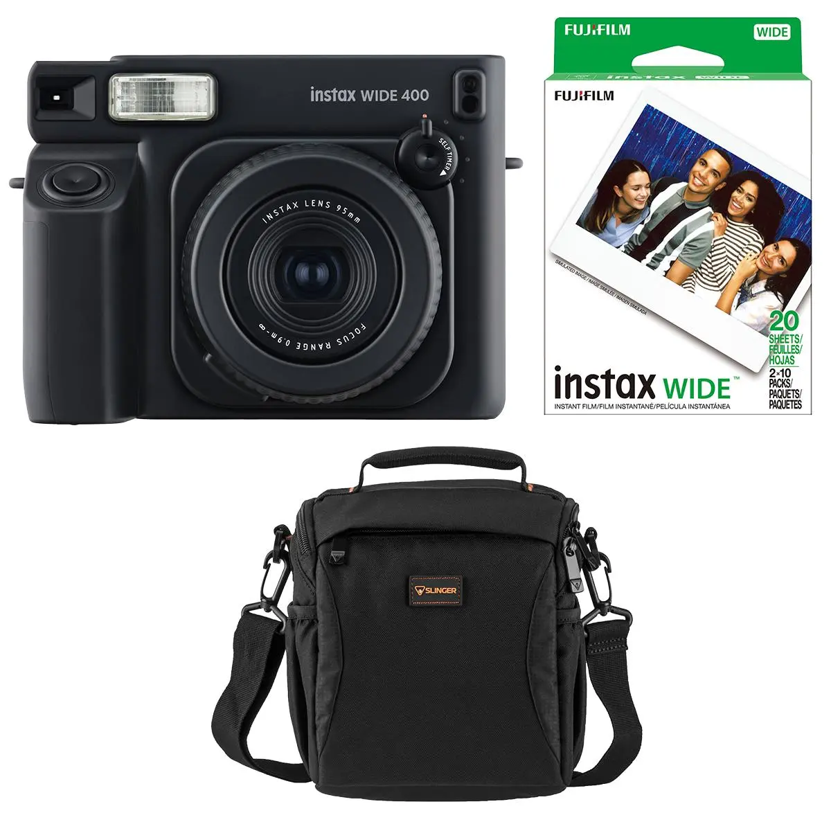 Fujifilm Instax Wide 400 Analog-Style Automatic Instant Film Camera - Jet Black, Bundle with 20-Pack Instant Color Print Film, Shoulder Bag, Lens, Flash, Viewfinder, 2 Modes, Self-Timer, Wide Format