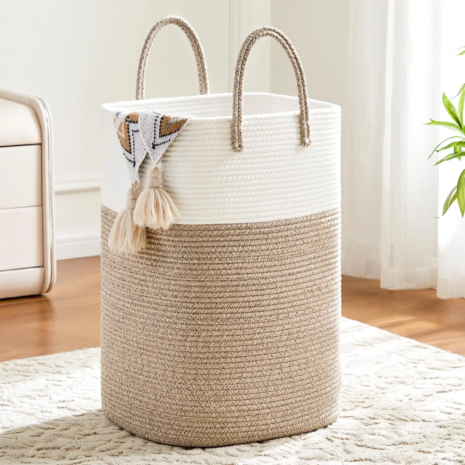 Round Eco-Friendly Classic Woven Cotton Rope Collapsible Laundry Hamper - 40-100L Laundry Basket, House Organizer, Home Supplies Storage Basket with Room Decor Functionality for Baby Toys, Bathroom, Laundry Baskets,dorm essentials,home decor