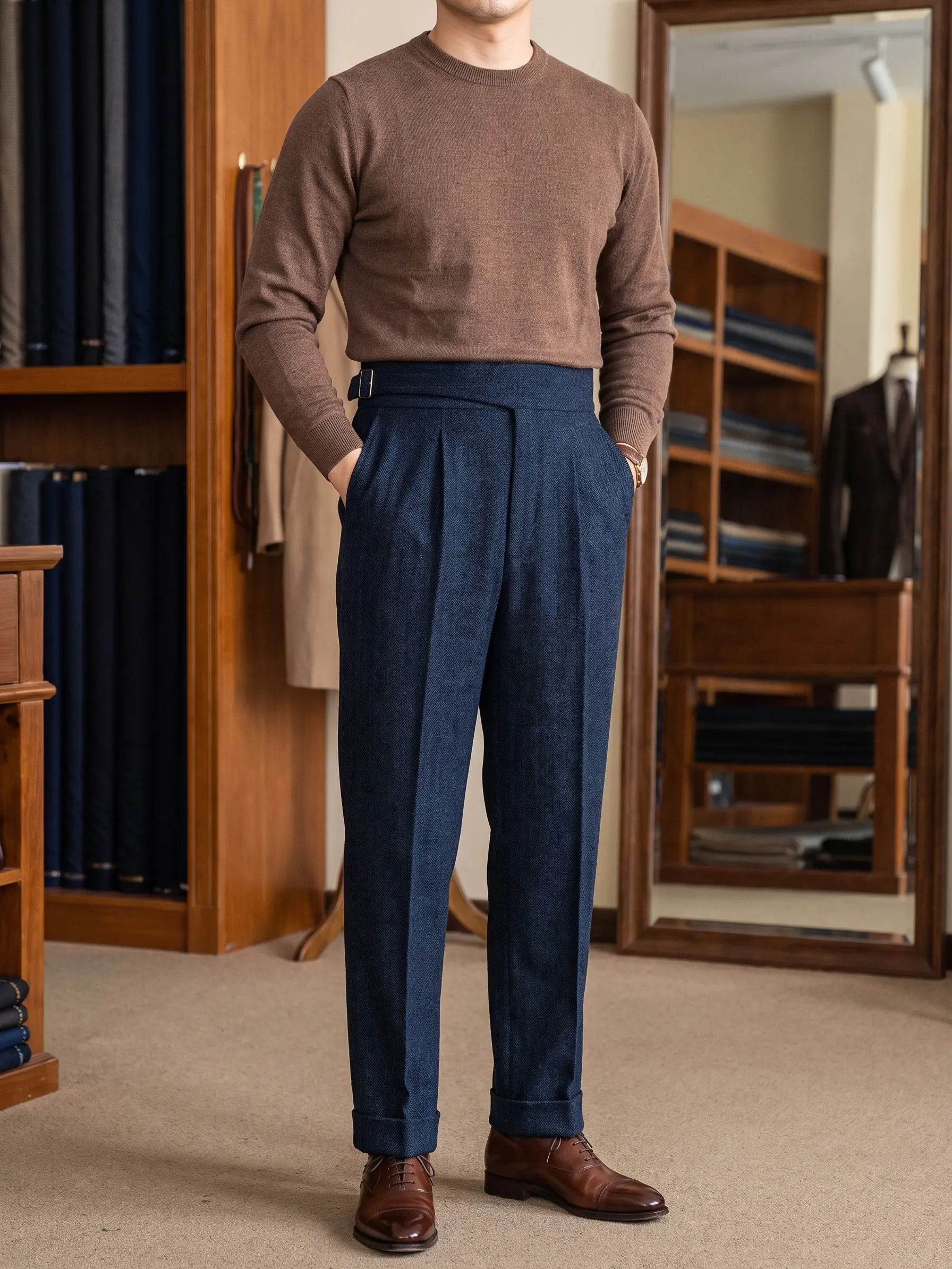 Men's Retro Herringbone Tweed Wool-Polyester Blend Dress Pants - Menswear Formal Wear Workwear for Business, Weddings & Polished Daily Looks, Business To Weekend Ready, Polished For Weddings, Buttons, Holiday, Retro Vintage, Ankle Length, All Seasons, Sid