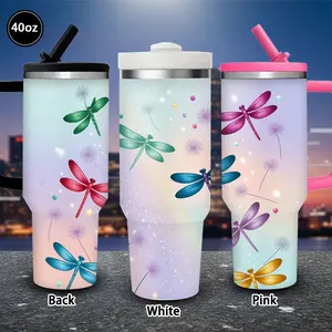 1 pc 40 oz colorful dragonflies and dandelions tumbler with lid and straw, winter insulated travel mug, gift for women and men, ideal for Valentine’s Day, Easter, birthday gifts, iced/hot coffee cup