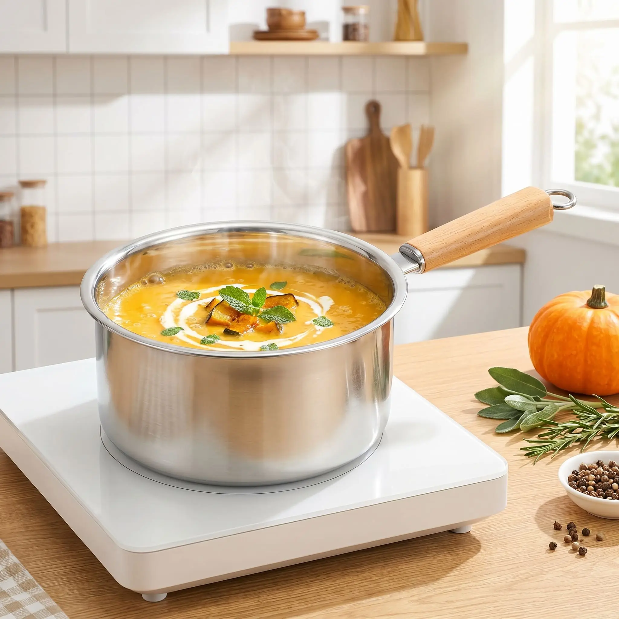 304 SS Solid Metal Versatile Cookware Set - Omelette Pan, Deep Fryer Pot, Noodle Pot, Milk Saucepan, Food Steamer, Frying Basket, Glass Lid Included, Compatible with Induction, Gas Stoves