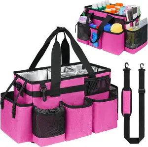 Cleaning Caddy Bag, Cleaning Supplies Organizer for Housekeepers, Housekeeping Caddy with Handle and Detachable Padded Cushion, Pink JAFFZORA