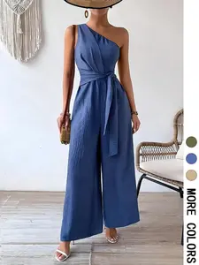 Women's Solid Color Wide Leg Jumpsuit, Casual One Shoulder Jumpsuit for Summer, Women's Jumpsuit for Beach Holiday, Solid Color Jumpsuits