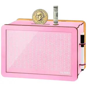10000 Larger Size Savings Challenge Box for Adults Kids - Cash Vault Wooden Money Savings Box - Kakeibo Money Bank - Pink Wooden Cash Coin Piggy Bank with Counter and Dry Erase Pen