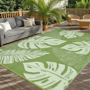 Leaf Print Outdoor Rug Foldable Garden Decor Rug with 4 Pegs and Storage Bag Double-Sided Reversible Plastic Grass Rug Portable for Porch Patio Picnic Beach RV
