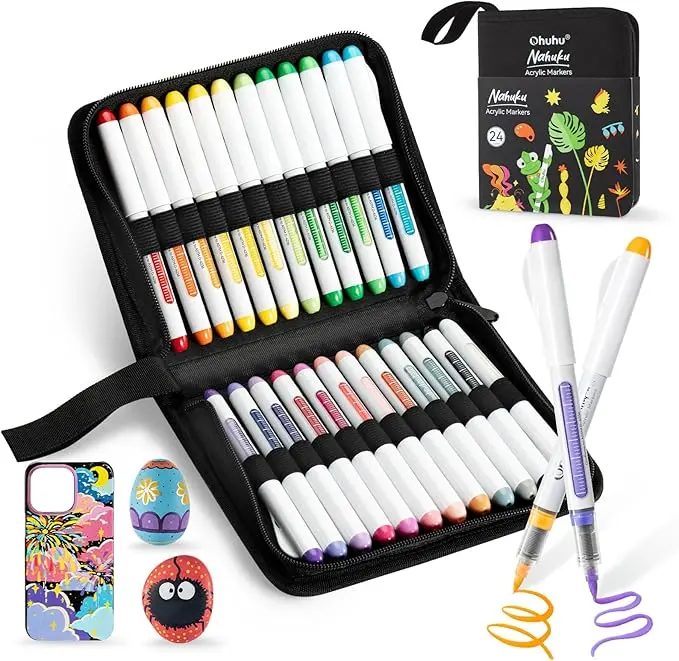 Ohuhu Acrylic Markers: Brush Tip - 24 Pack / 48 Pack / 72 Pack - Vibrant Colors with Flexible Brush Tip High-Opacity Waterproof Lightfast Pens for Rock Wood Glass & More - Nahuku Series of Ohuhu