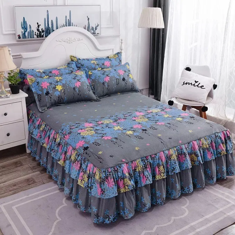 Modern Simple Dark Color Floral Print Bed Skirt Set, Soft Comfortable Dustproof Ruffle Bedding, Four-Season Large Bed Linen, Washable, Decorative Bedding Set, Bedskirt Set, Floral Bedding Sets