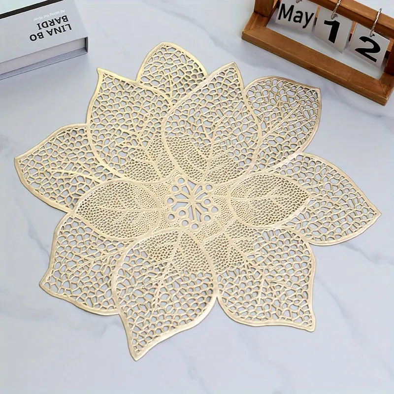 Set of 6 Gold Placemats for Dining Table Pressed Vinyl Metallic Table Mats Hollow Out Hibiscus Flower Place Mats for Dinner Decor Holiday Wedding Accent Centerpiece