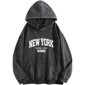Holafish Casual Unisex Acid Wash Hoodies Women New York Graphic Hoodie Oversized Long Sleeve Sweatshirt with Kangaroo Pocket