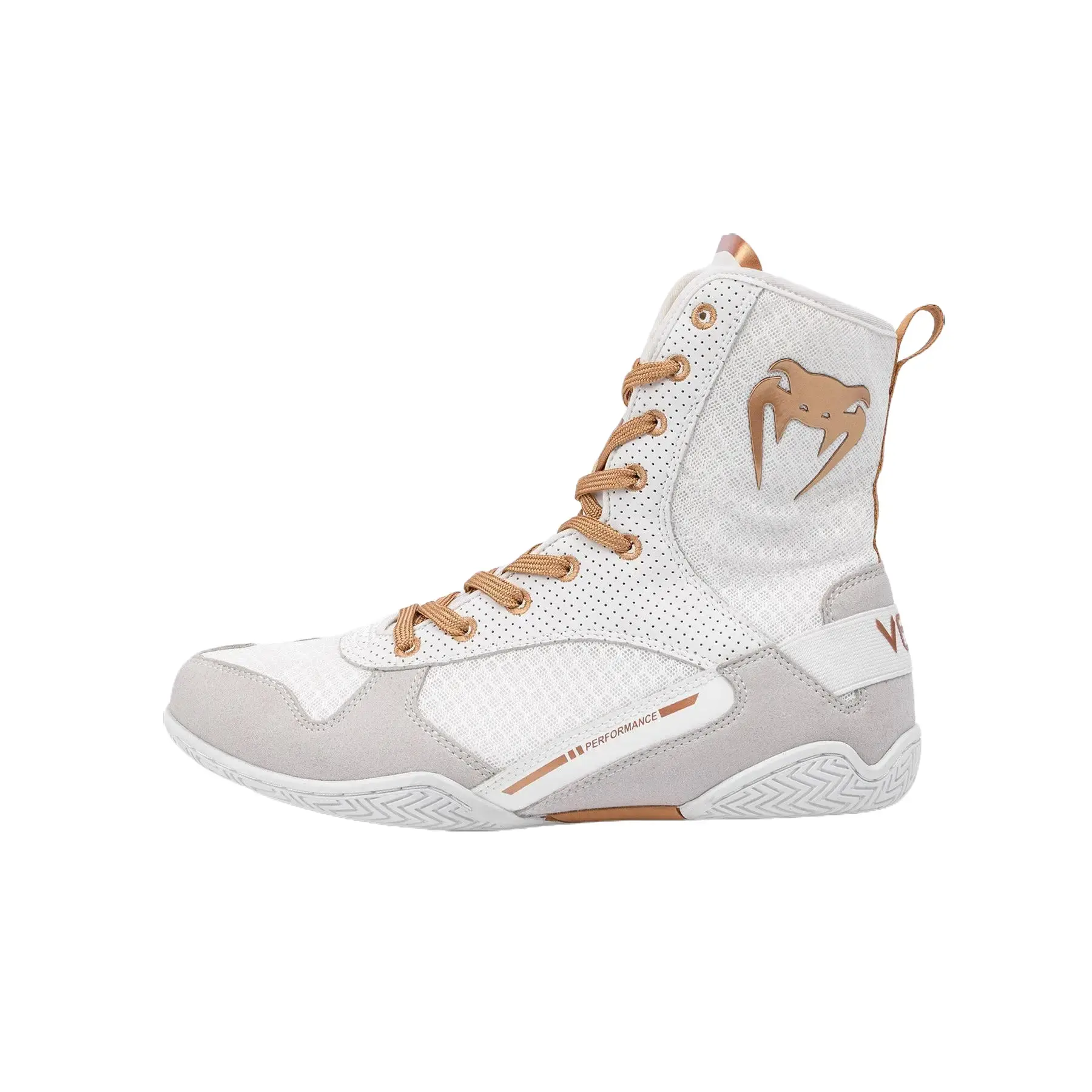 Venum Elite Boxing Shoes - White/Gold, Honeycomb Attacker Shoe with Mid-Cut Upper, Lightweight Grip, Stability Focus, Durable Quality for Elevated Performance, Sporty Men's Boxing Shoes