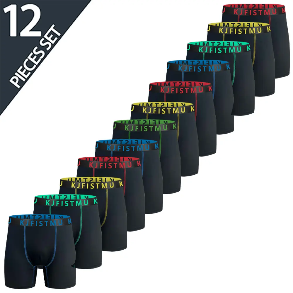 KJFISTMU Men's Long Boxer Briefs 4/8/12 Pack - Solid Color with Fine Stripe, Breathable Polyester Blend Fabric, Comfortable Fit, Machine Washable - Menswear Sportswear Athletic Underwear for Adults (Bike Compatible) Protective Denim Basketball Hem
