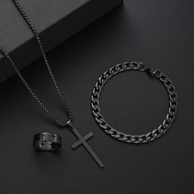 3-Piece Cross Jewelry Set – Vintage Minimalist Necklace, Bracelet, & Ring, Unisex Accessory for Everyday Wear, Perfect for Gifting & Stylish Daily Looks