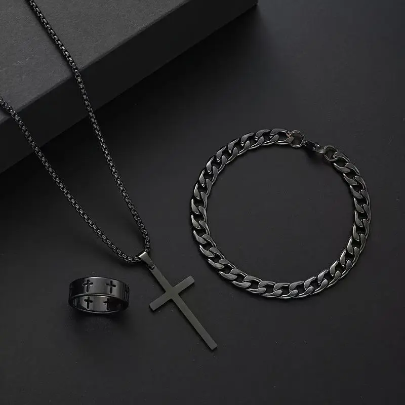 3-Piece Cross Jewelry Set – Vintage Minimalist Necklace, Bracelet, & Ring, Unisex Accessory for Everyday Wear, Perfect for Gifting & Stylish Daily Looks