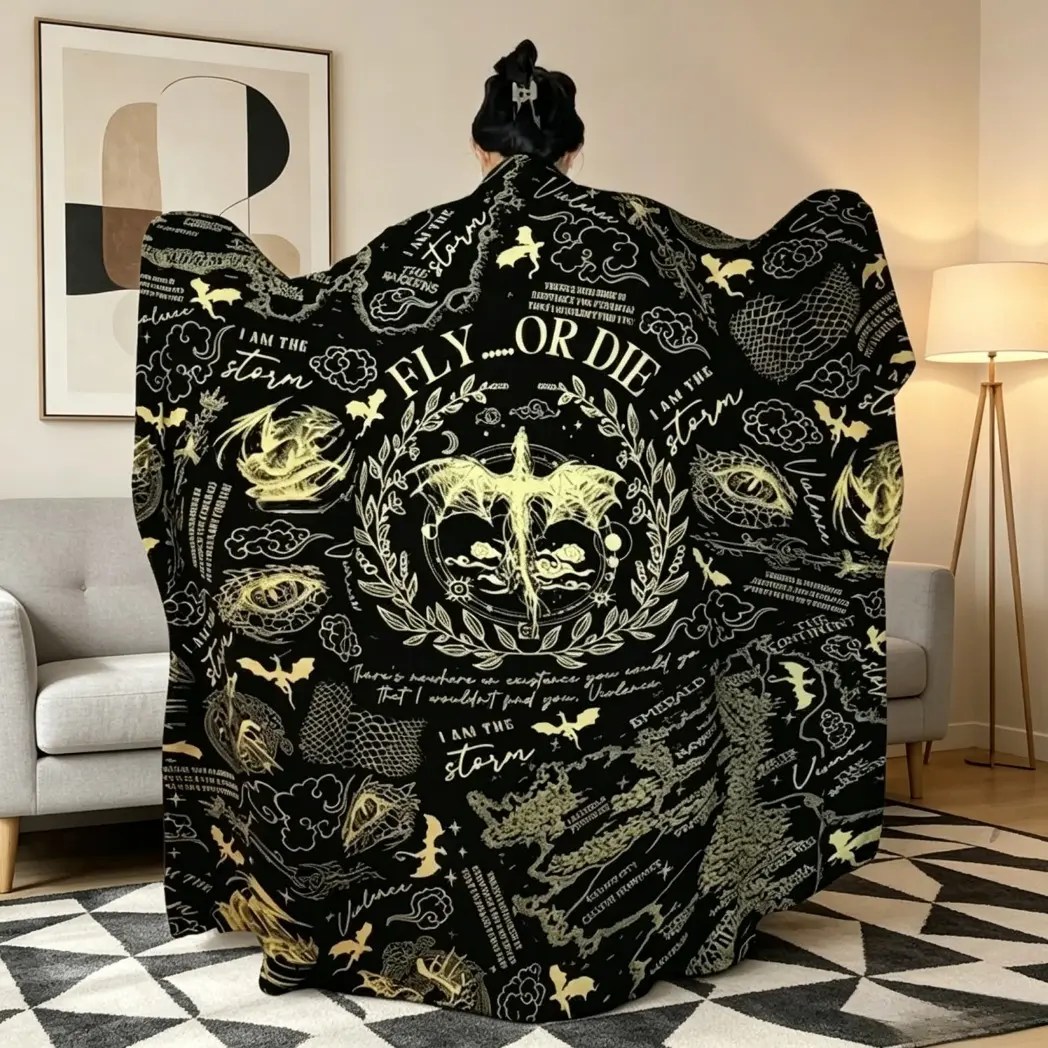 Fourth Wing "Fly or Die" Dragon Rider Flannel Blanket, Cozy Fantasy Throw, Bookish Gift for Readers, Dragon Print, Book-Themed Blankets
