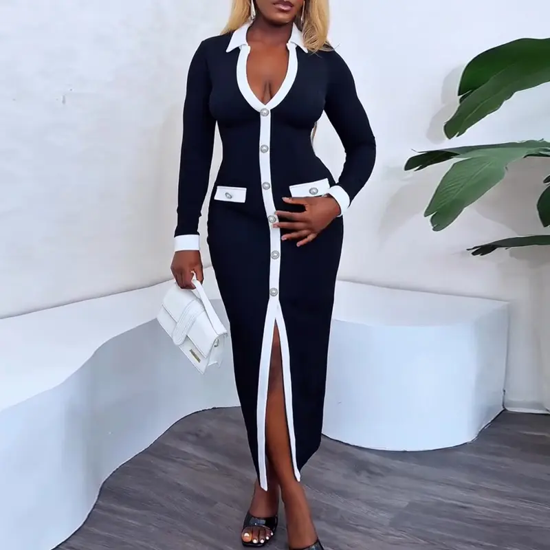 CHICME Pearls Button Decor Contrast Paneled Turn-down Collar Slit Front Dress Zipper Side Flap Detail Wedding Guest Slim Fit Wedding Work Dress