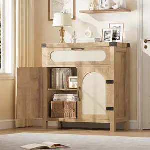 30'' Rattan Buffet Sideboard Cabinet with Storage, Small Farmhouse Buffet Table with 1 Drawer & Adjustable Shelf, Space-Saving Kitchen Cupboard for Living Room, Dining Room, Entryway,