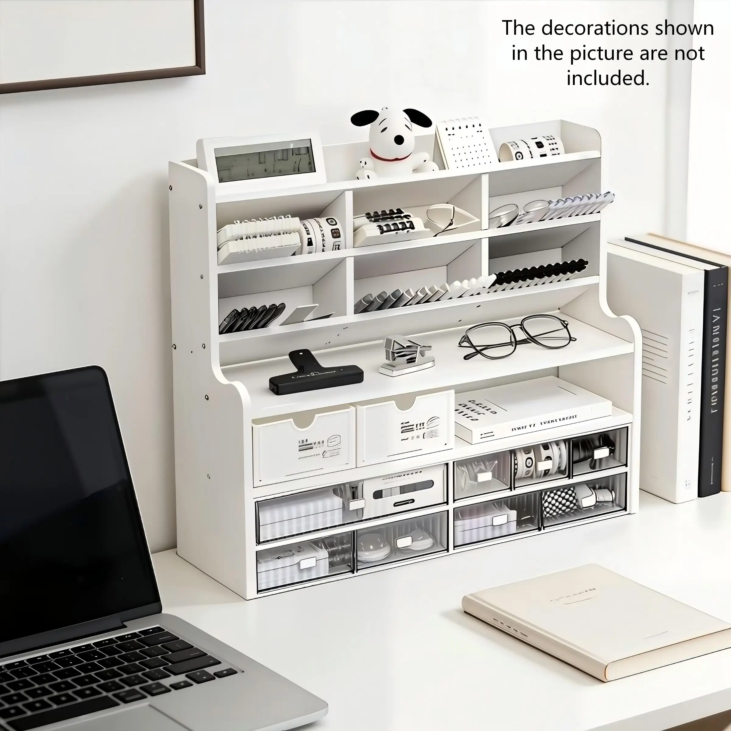 Modern Space Saving Desktop Storage Shelf, PVC Multi-compartment Desk Organizer, Desk Tidy with Inclined Pen Slot & Elevated Book Stand, Multipurpose Holder for Cosmetics Stationery Office Sundries, Office Accessories, Desk Top Organizing