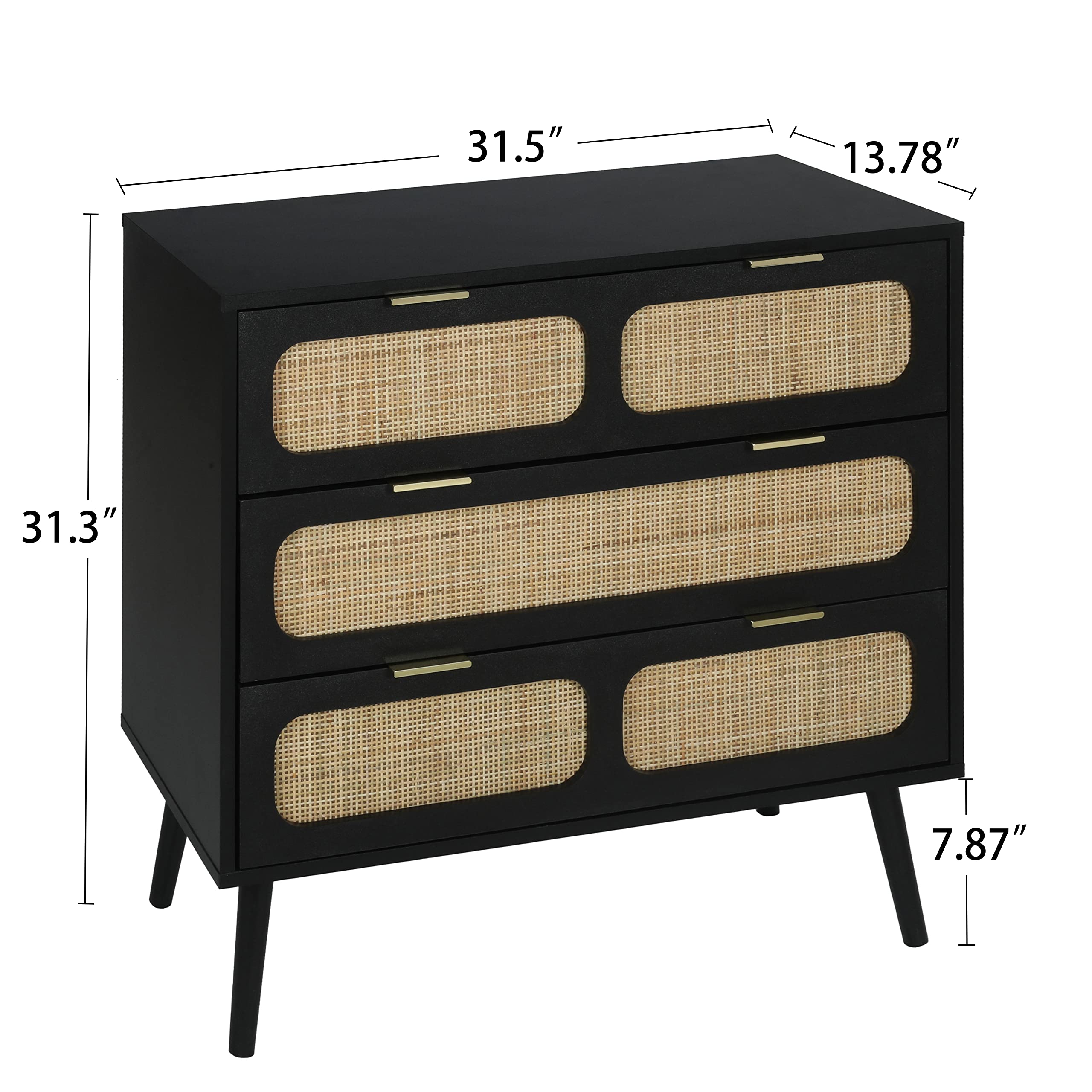 Giratree 3 Drawer Dresser, Modern Rattan Dresser Chest with Wide Drawers and Metal Handles, Farmhouse Wood Storage Chest of Drawers for Bedroom, Living Room, Hallway, Entryway