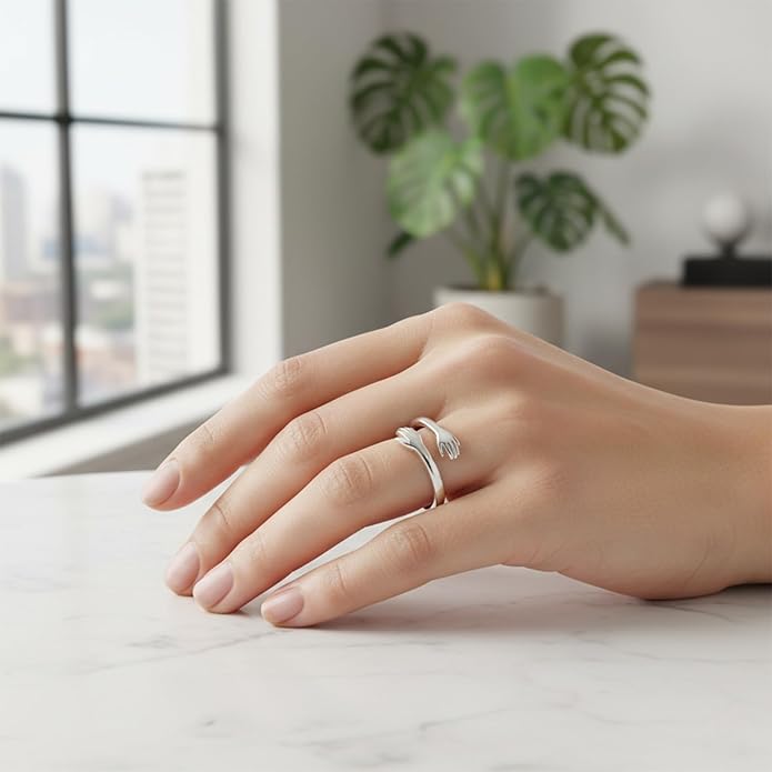 SGGUI Hug Rings Adjustable Ring with "Always with You" Engraving High-Quality Nickel-Free Jewelry for Dad Mom Wife Daughters Grandma Best Friend Teens,Hugging Hands Open Ring for Men Affection Rings Valentine's Day