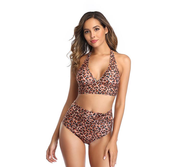 Bikini Ladies Sexy Large Size Leopard Print Split High Waist Halter Swimsuit AliExpress Cross-border