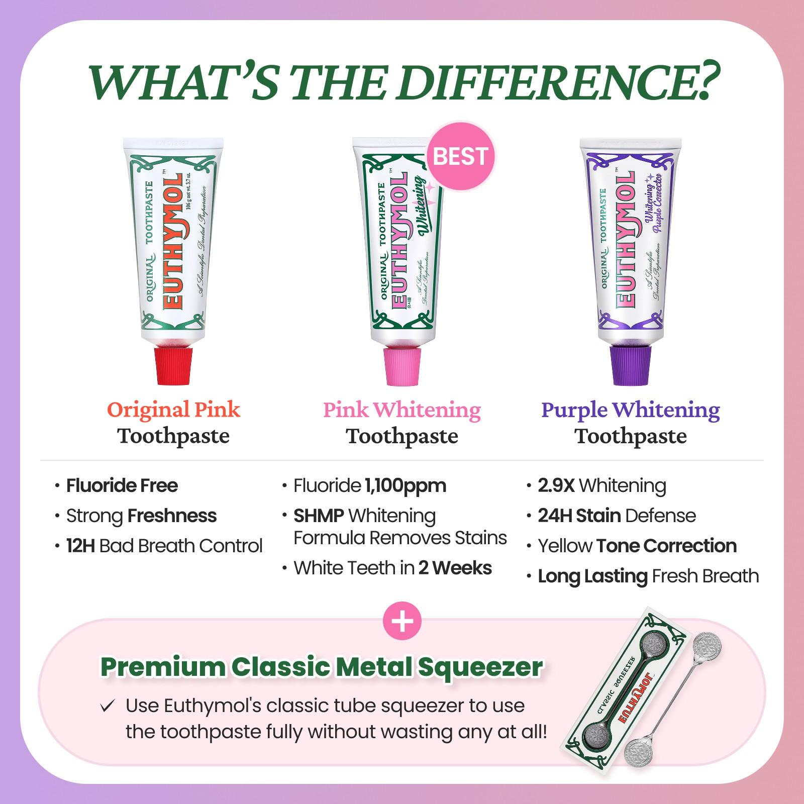 Euthymol Whitening Set & Squeezer – Removes Coffee & Tea Stains, Brightens Teeth, 1100ppm Fluoride for Cavity Protection, Korean Oral Care Euthymol Whitening Set & Squeezer – Removes Coffee & Tea Stains, Brightens Teeth, 1100ppm Fluoride for Cavity Protection, Korean Oral Care