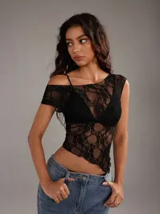 Glamine Black Floral Lace Fabric Sheer Fitted Asymmetrical Hem Side Slit Short Sleeve Top, Fashion, Elegant, Sweet, Romantic, Sexy, Casual, Versatile For Women In Summer