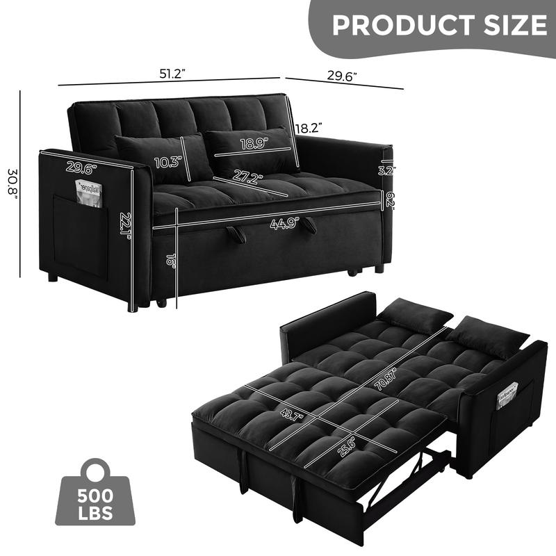 55” 3-in-1 Velvet Convertible Sofa Bed – Modern Double Sofa, Lounge Chair & Sleeper Bed with Adjustable Backrest | Includes Pillows & Storage Bag | Small Space, Apartment & Living Room Furniture | Velvet Futon, Multi-Functional – Easy 20 Min Assembly