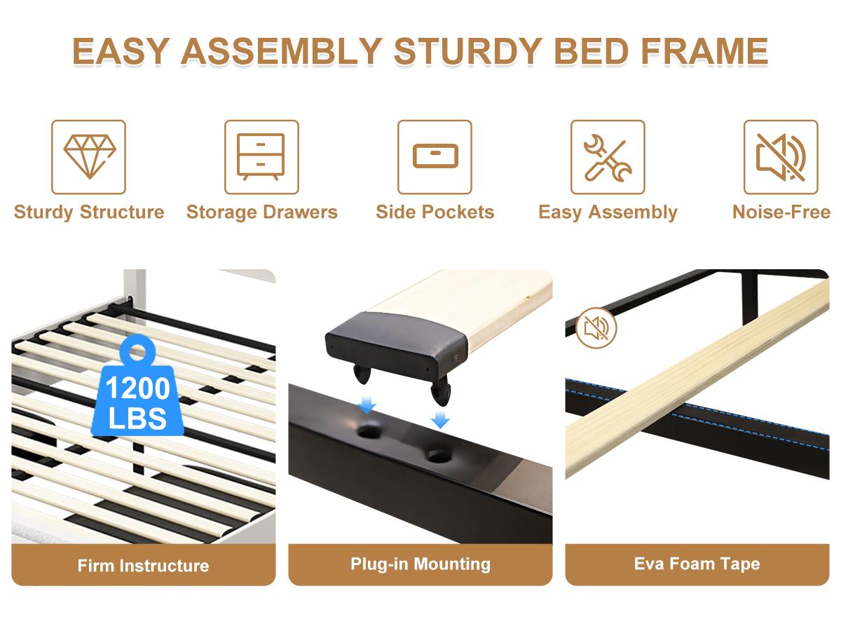 Queen LED Bed Frame with 2 Storage Drawers, Upholstered Platform Bed with Crystal Button Tufted Headboard, Noise-Free, No Box Spring Needed – PU & Velvet, Black/Gray/White/Cream